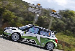 Andreas Mikkelsen in a factory Fabia Super 2000 is in the lead of the Corsica Rally 